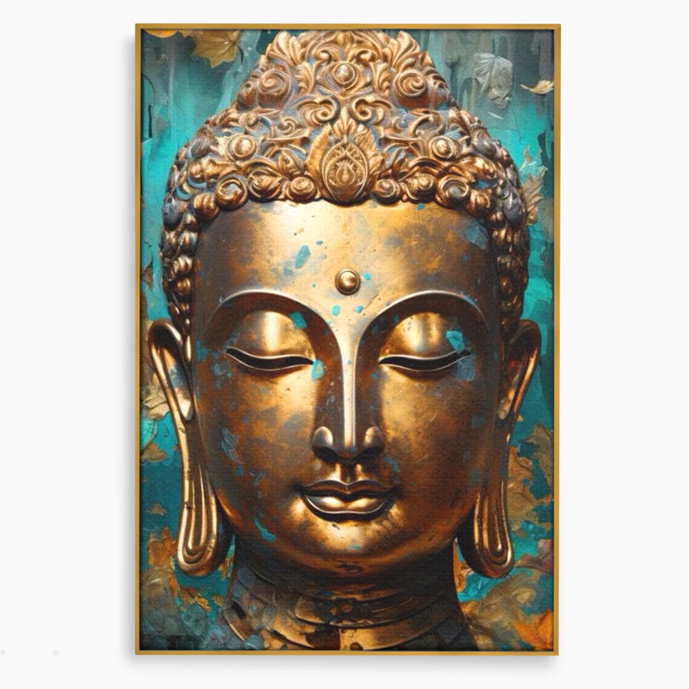 Tablou canvas cu tablou canvas cu capul lui buddha aurit, in rama de aluminiu auriu